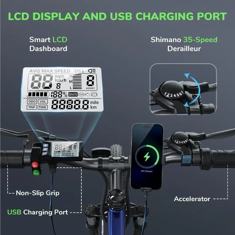 M10 Electric Bike Adult 500W, 26" Commuting Electric Mountain Bike 20MPH Max Range 55+ Miles, Removable Battery, Profe