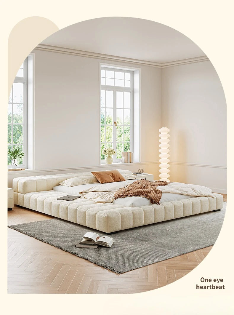 Cream Wind Tatami Floor To Ceiling Bed Master Bedroom Bed Light Luxury Fabric Logue Bed Minimalist Modern Luxury Bed 245cm Beds