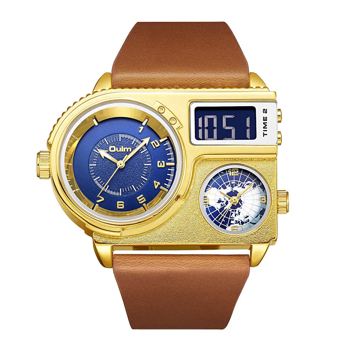 Oulm 5026 Watch Dual Display Two Time Zone Quartz Male Big Wristwatch Men's Genuine Leather Watches