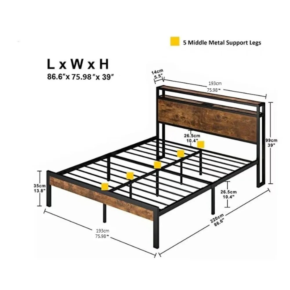 Metal Bed Frame, Wooden Headboard, USB Ports, No Box Spring, Under Bed Storage, Easy Assembly  Bed Frame Furniture Bedroom
