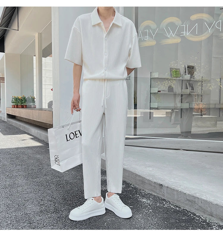 Summer Pleated Sets Men Fashion Black/White Casual Ice Silk Suit Men Korean Short-sleeved Shirt/Trousers Two-piece Mens Set