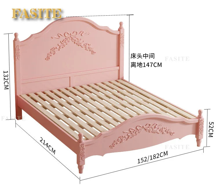 French Solid Wood Bed Pink Princess Bed Girl Bedroom 1.8 Meters 1.5m Double Retro European Carved Bed American