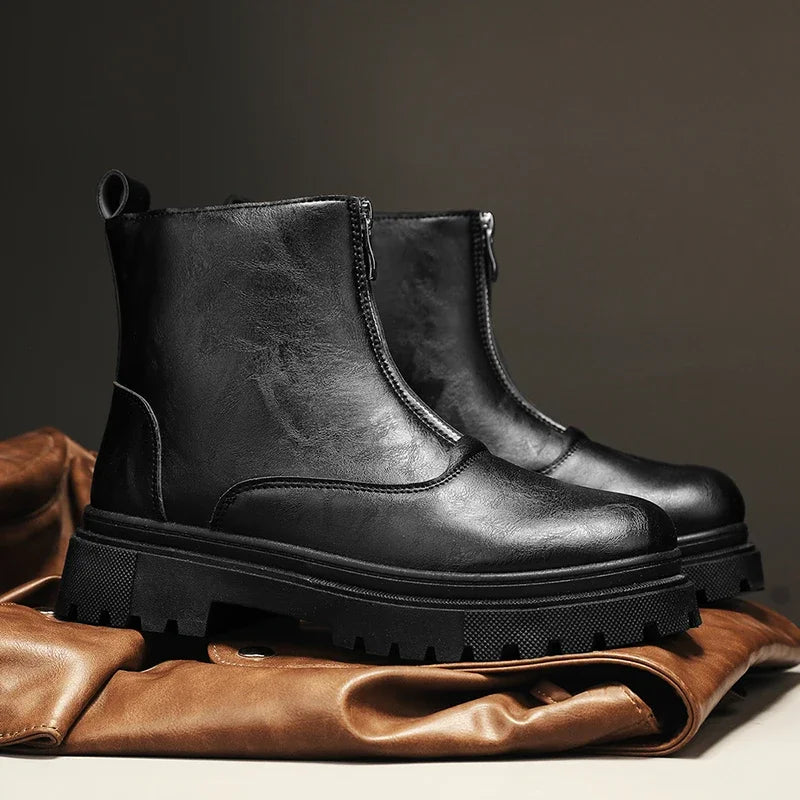 Men's Winter Leather Boots High Tops Zippers Waterproof Big Round Toe Trendy All-match New Fashion Mans Tooling Boot Main Push