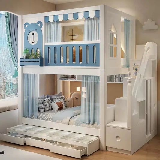 Children's bunk wooden bed Girl with wide and high guardrail with slide Small apartment Castle treehouse bed
