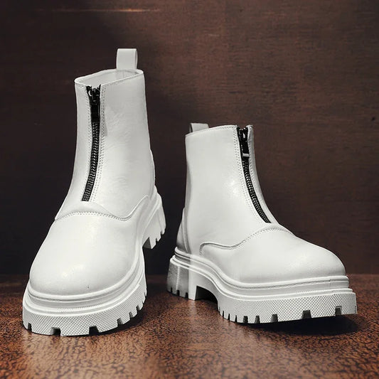 Men's Winter Leather Boots High Tops Zippers Waterproof Big Round Toe Trendy All-match New Fashion Mans Tooling Boot Main Push