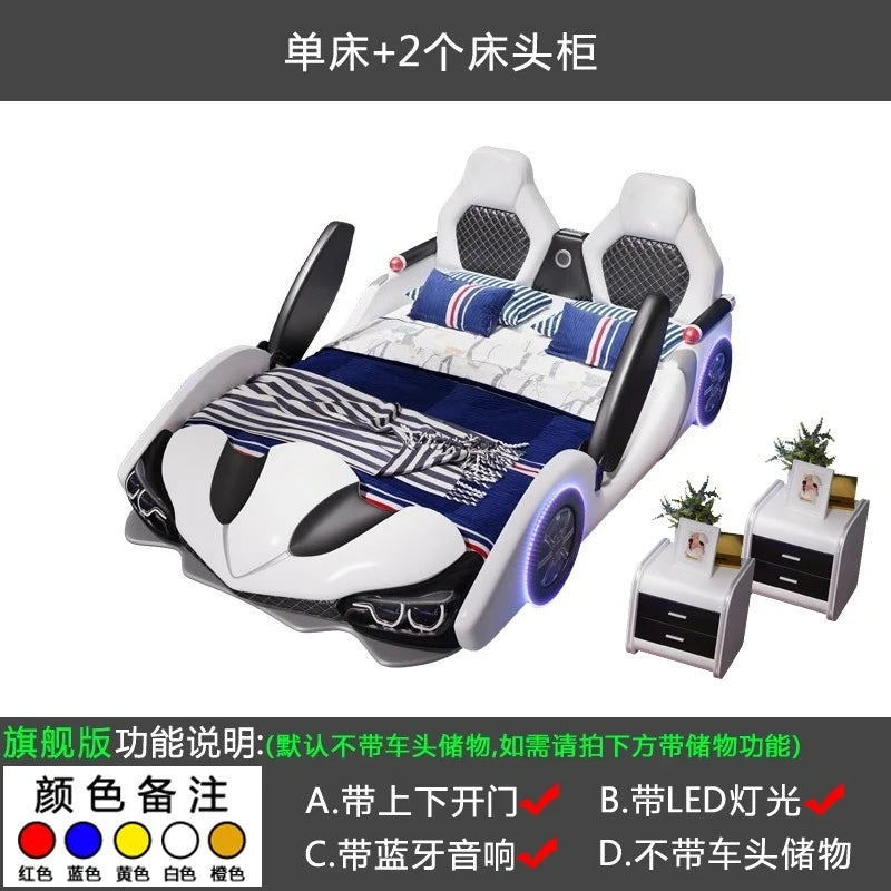 full king size Up down doors car children beds LED lights Bluetooth speakers double kids bedroom  bed bed base boy furniture