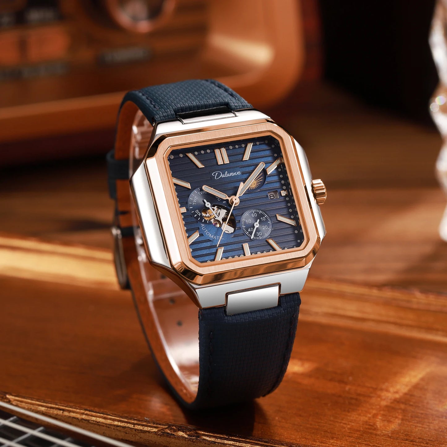 Dulunwe Fashion Men's Watch Automatic Mechanical Multi-function Small Dial Square Design 30M Waterproof Top Brand Wristwatches