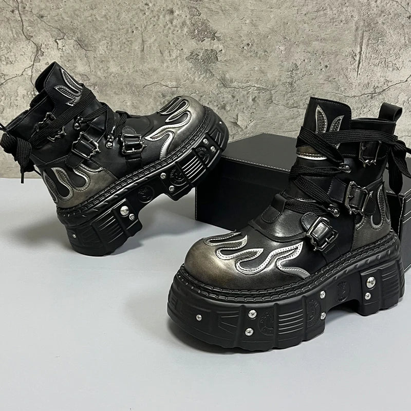 Men's 2024 Winter New Thick-soled Inner Heightening Fashion Fried Street Personality High-top Leather Boots