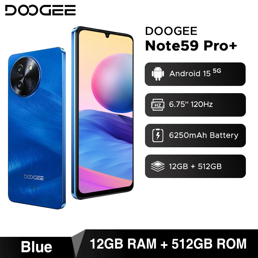 DOOGEE Note59 Pro+ 5G Smartphone Android 15 Global Version 6250mAh Battery 6.75'' 120Hz Display 12GB 512GB Mobile Phone NFC