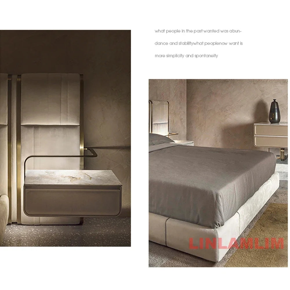 MINGDIBAO Luxury King / Queen Size Upholstered Bed Frame with Nightstands & Gold Accents, Modern Designer Genuine Leather Bed