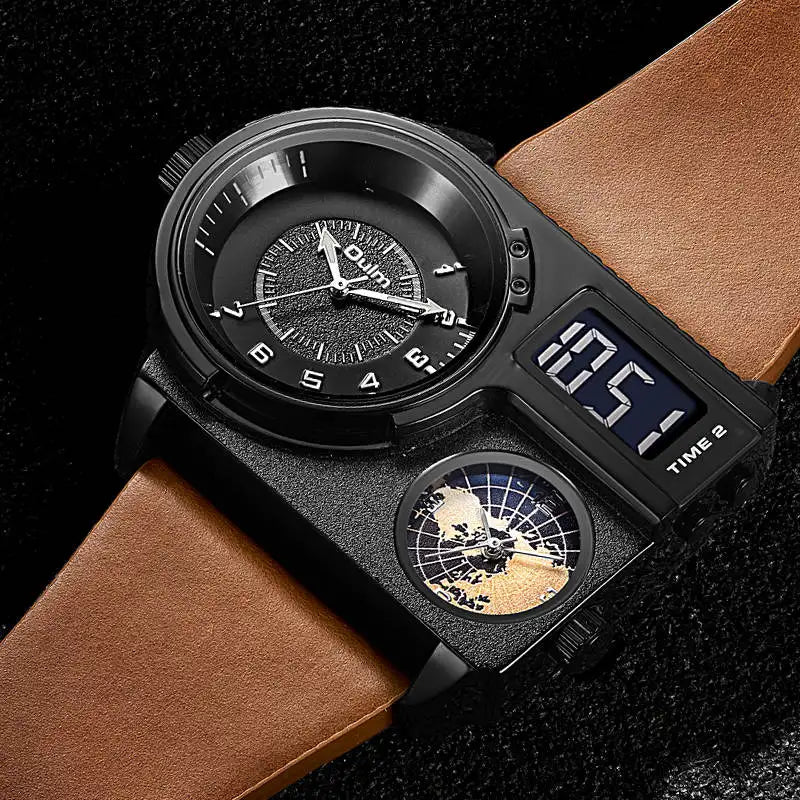 Oulm 5026 Watch Dual Display Two Time Zone Quartz Male Big Wristwatch Men's Genuine Leather Watches