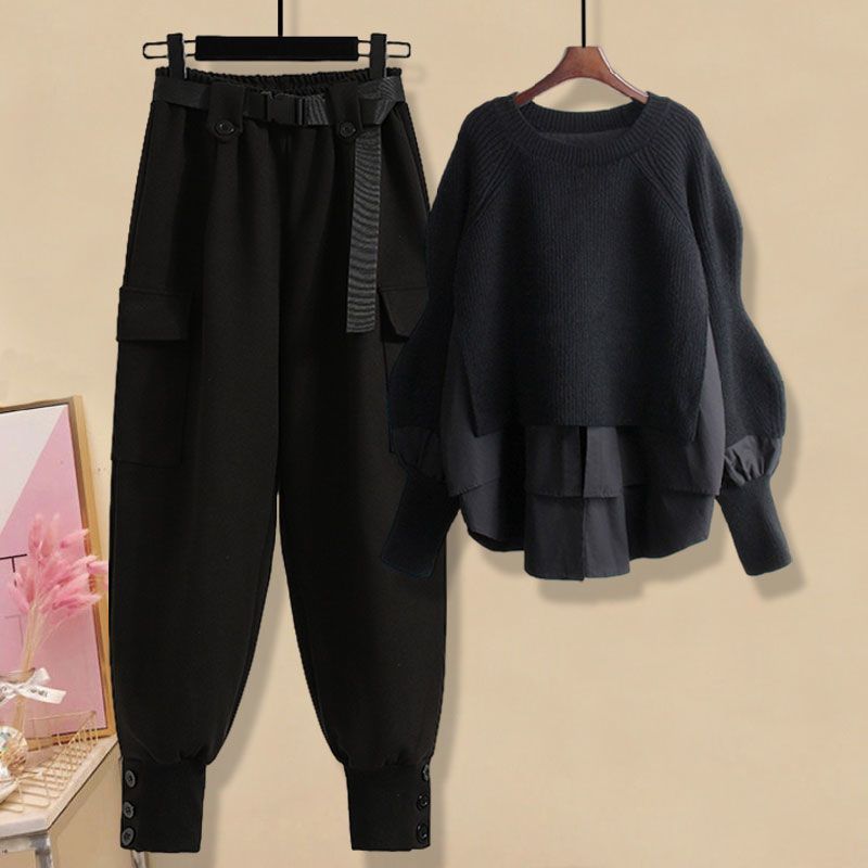 Spring and Autumn Season Set Women's 2023 New Korean Edition Loose Fake Two Piece Knitted Sweater Work Pants Two Piece Set