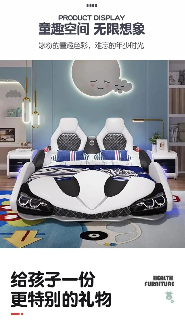 full king size Up down doors car children beds LED lights Bluetooth speakers double kids bedroom  bed bed base boy furniture