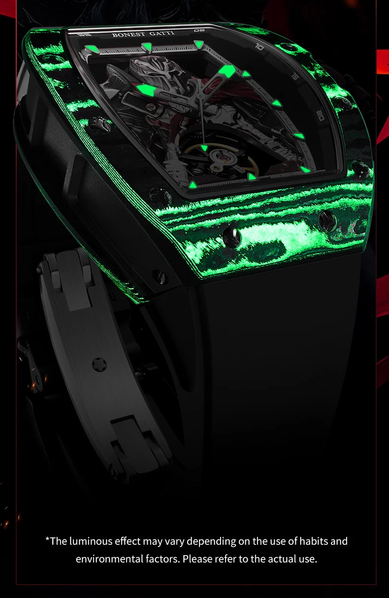 BONEST GATTI Fashion Automatic Movement Wristwatch Skeleton Luminous Big Dial Sapphire Glass Mechanical Watches for Men