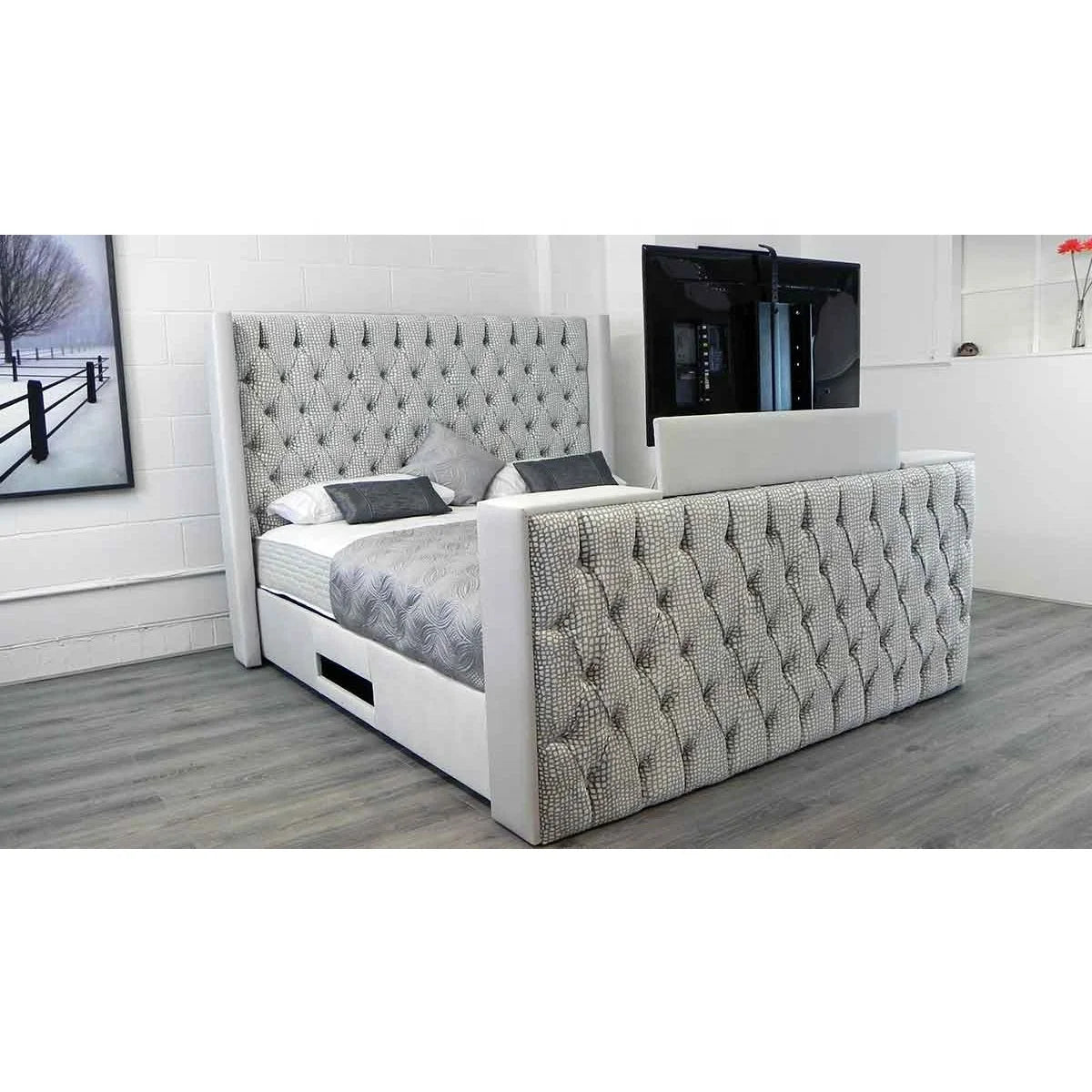 Custom HOME Remote Control Whole House Decoration King Size Smart Luxury Bed With Tv And Fireplace In Footboard Storage