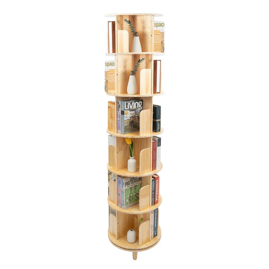 Revolving Bookstand 360° Rotation Pine Wood Adjustable 1-6 Tiers Rotating Bookshelf for Magazines Spinning Bookshelf Tower