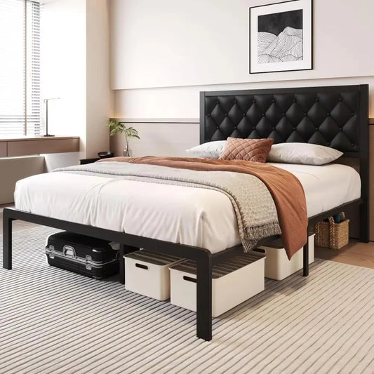 Full Size Bed Frame with Storage Space and  PU Leather Upholstered Bed Frame Platform, Easy Assembly, No Box Spring Needed