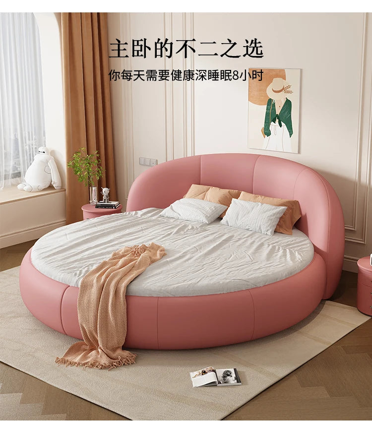 Round Leather Double Bed Luxury Aesthetics Bedroom Modern Simple Light Luxury Bed Cream Style Adult Beliche Salon Furniture