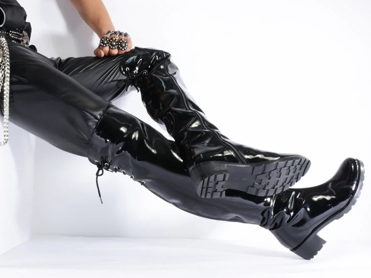 Men's Patent Leather Over-the-Knee Boots Winter Steel pipe perform Shoes ,Male Western Riding Boots Plus Size 47 Long Boots