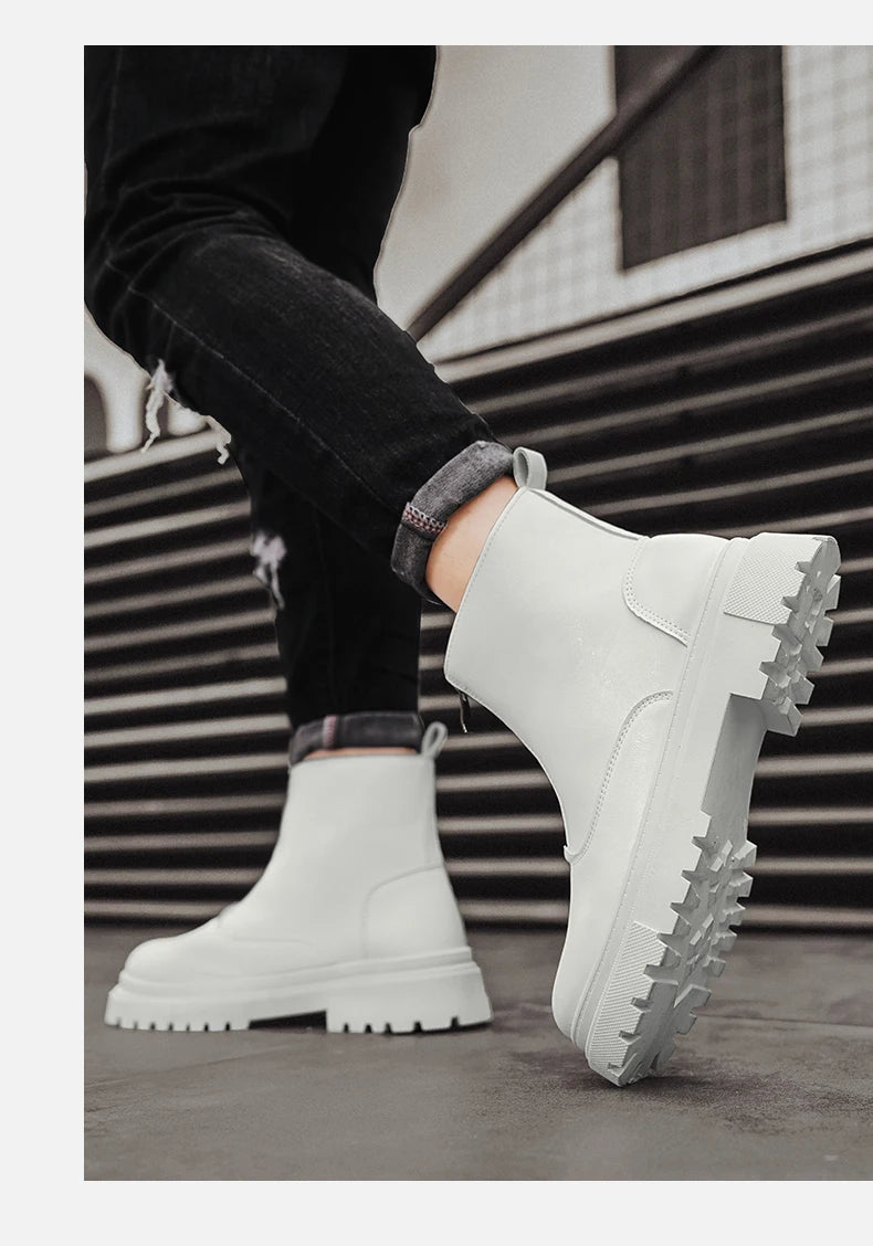 Men's Winter Leather Boots High Tops Zippers Waterproof Big Round Toe Trendy All-match New Fashion Mans Tooling Boot Main Push