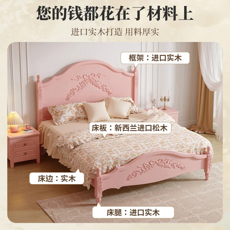 French Solid Wood Bed Pink Princess Bed Girl Bedroom 1.8 Meters 1.5m Double Retro European Carved Bed American