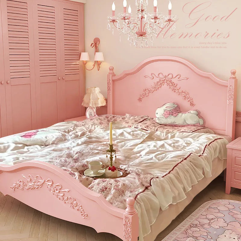 French Solid Wood Bed Pink Princess Bed Girl Bedroom 1.8 Meters 1.5m Double Retro European Carved Bed American