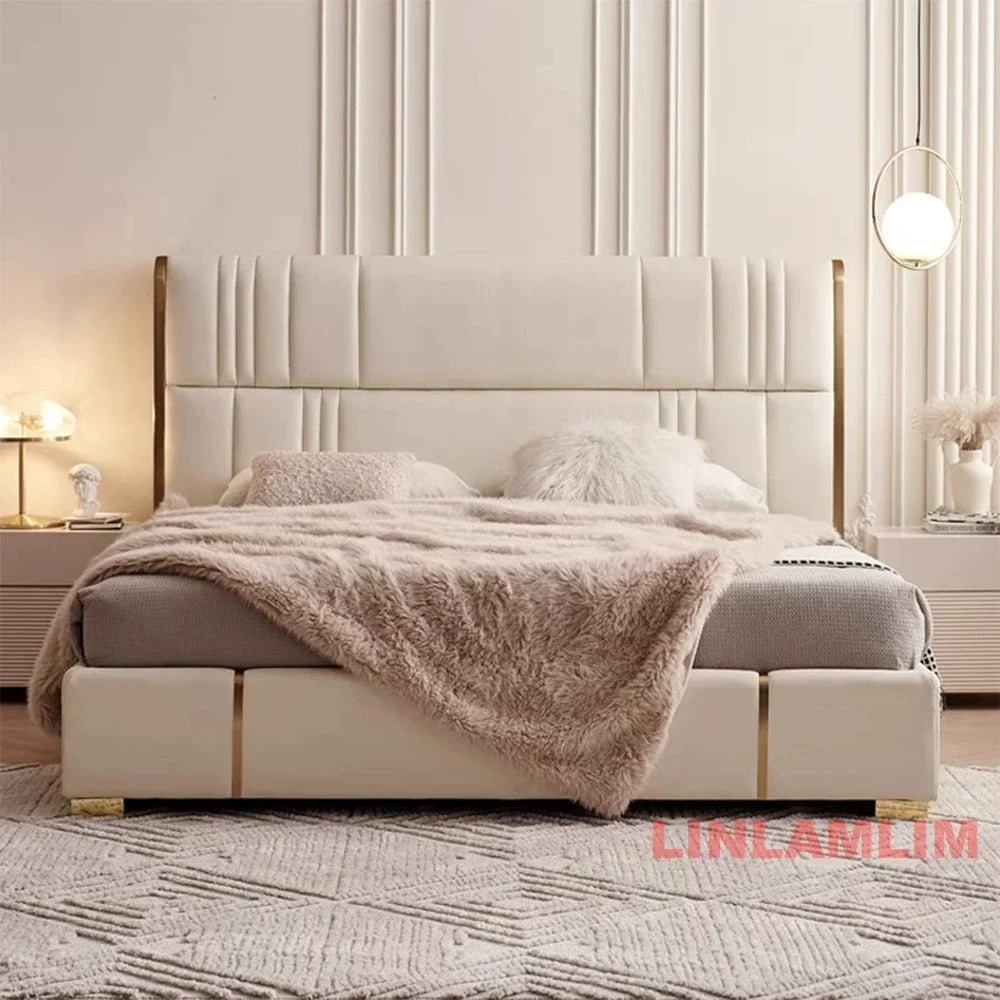 MINGDIBAO Luxury King / Queen Size Upholstered Bed Frame with Nightstands & Gold Accents, Modern Designer Genuine Leather Bed