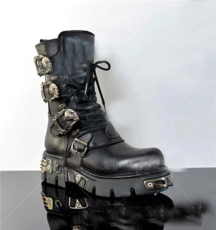 Men's Fashion Genuine Leather Motorcycle Boots Gothic Skull Punk Boots Design Rock Women Mid-calf Boots Metallic Combat Boot48