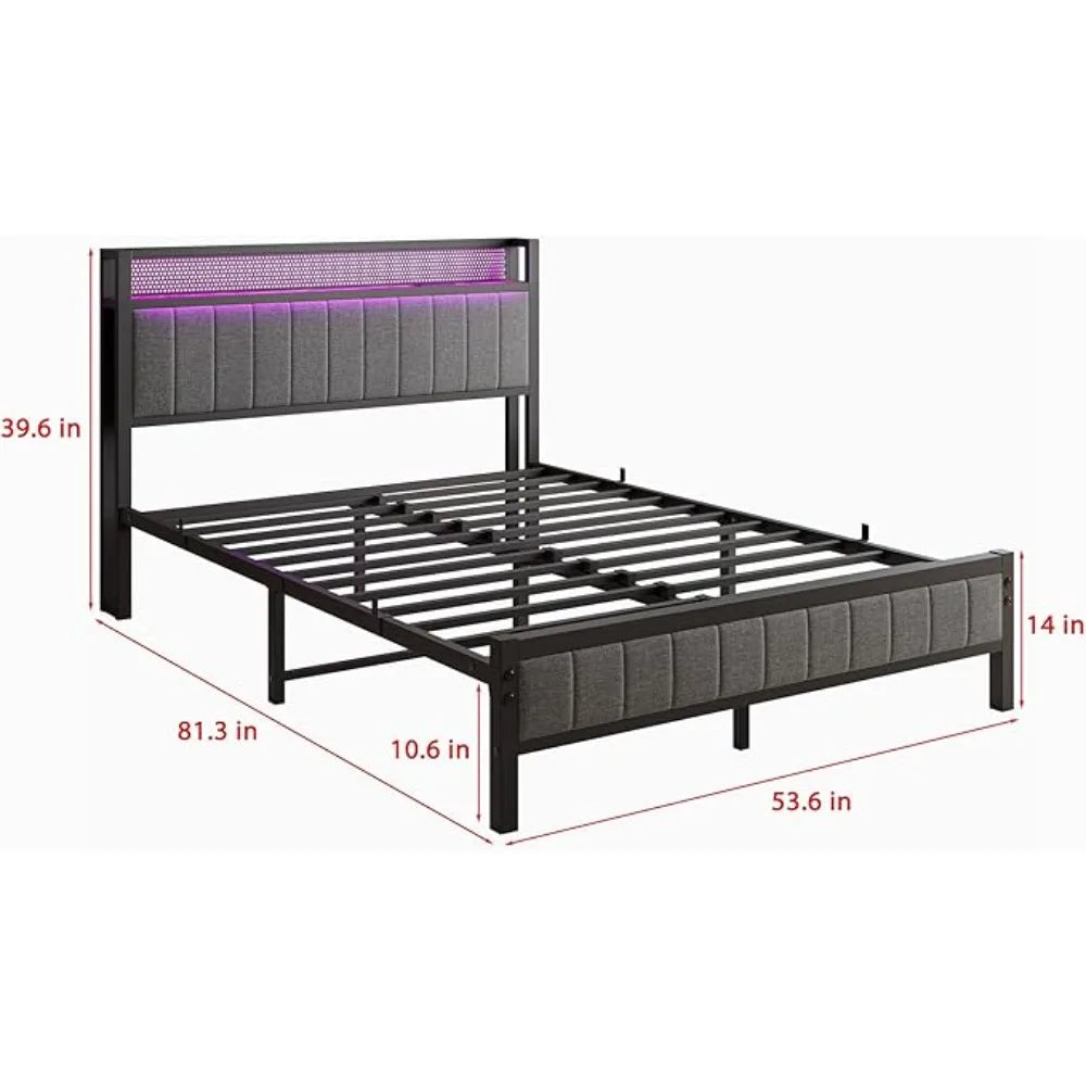 LED Bed Frame with Storage Headboard & Charging Station, No Box Spring Needed Heavy Duty Metal Upholstered Platform Bed Frame