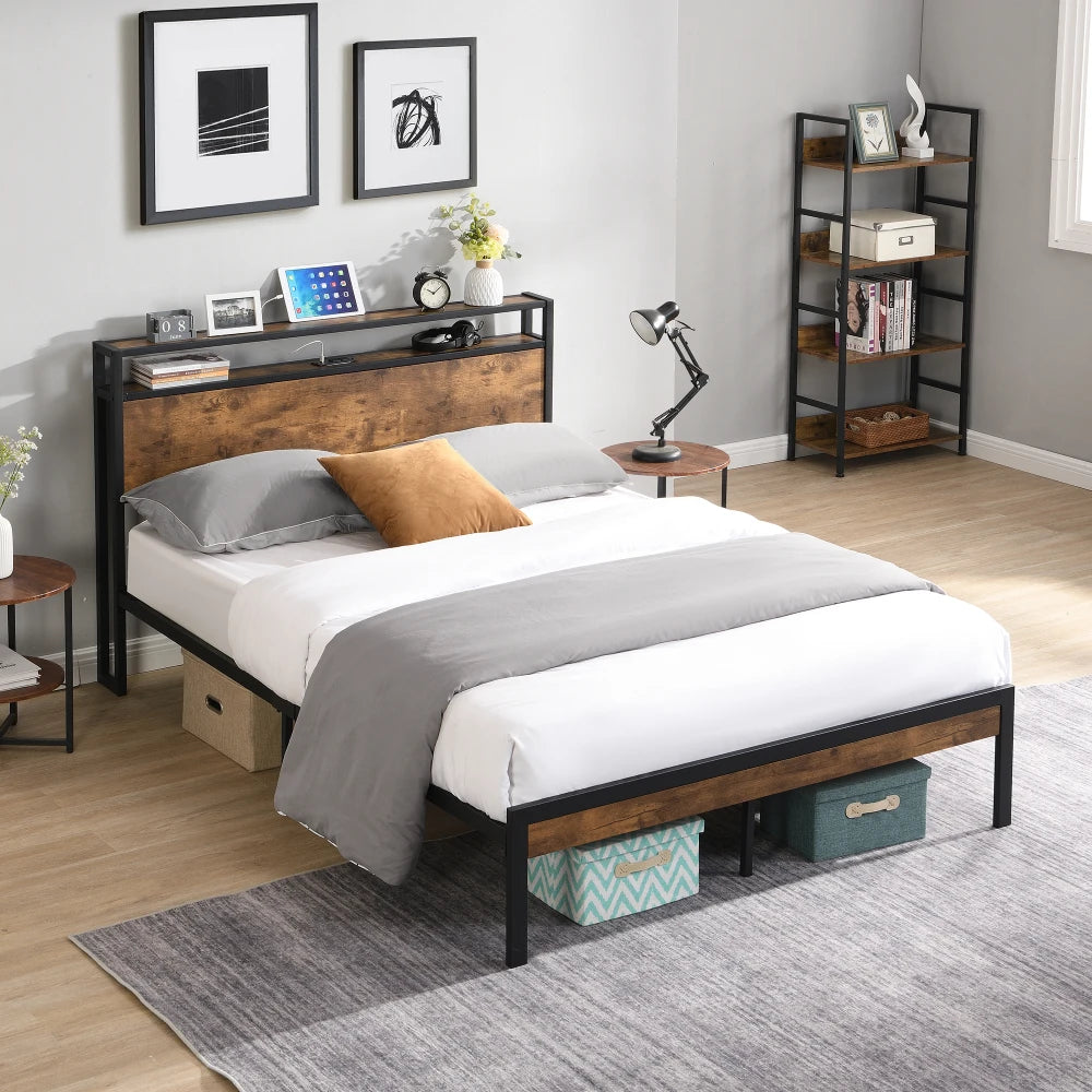 Metal Bed Frame, Wooden Headboard, USB Ports, No Box Spring, Under Bed Storage, Easy Assembly  Bed Frame Furniture Bedroom