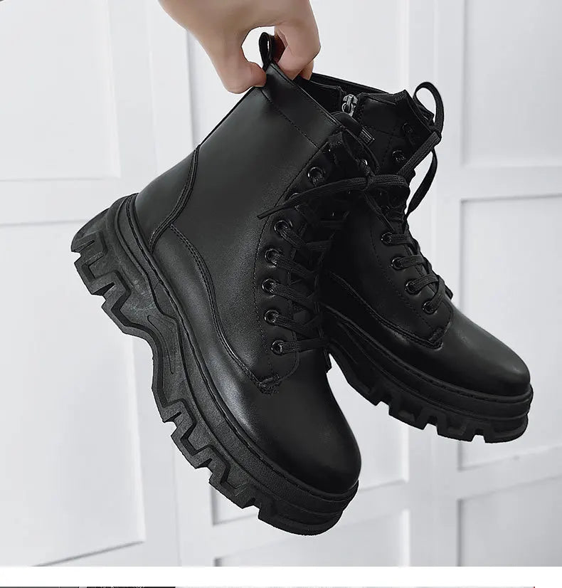 Leather England Black Men's Biker Boot Fashion Young Waterproof Trendy Boots Man Autumn Winter High Top Classic Basic Shoes