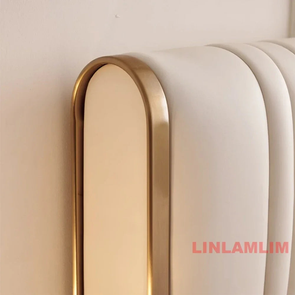 MINGDIBAO Luxury King / Queen Size Upholstered Bed Frame with Nightstands & Gold Accents, Modern Designer Genuine Leather Bed