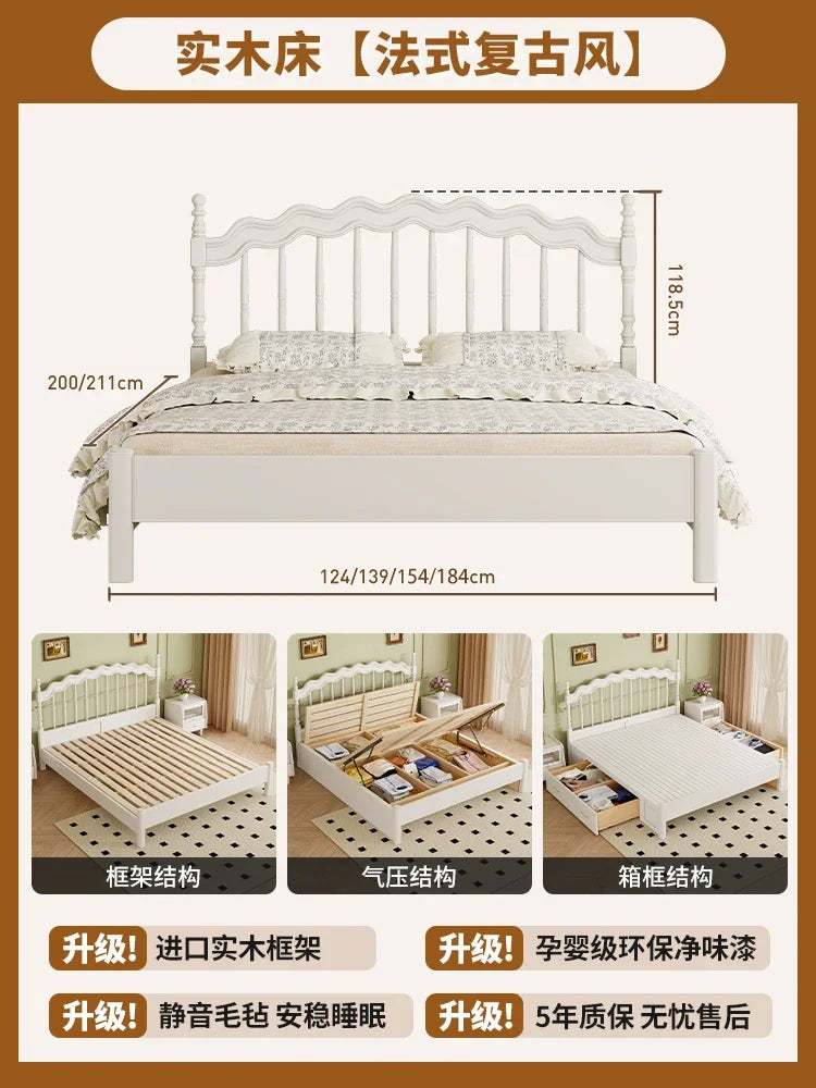 French Solid Wood Bed White Cream Wind Princess Fashion Design Bed Aesthetics Square Modern Sleeping Muebles Lounge Furniture