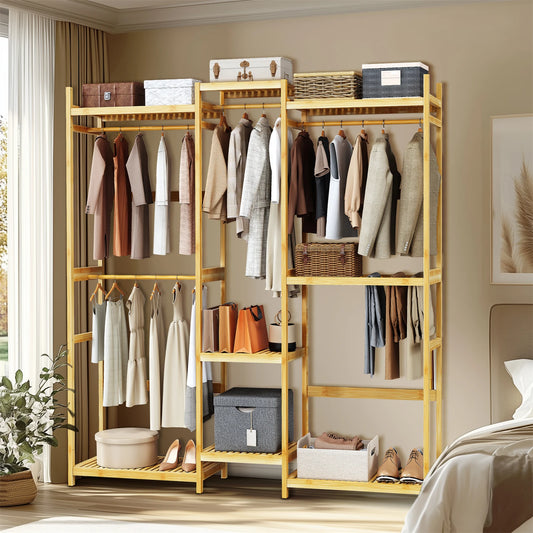 196cm Tall Bamboo Garment Rack Freestanding Clothing Stand Hanging Rod with Shelves Open Wardrobe Organizer for Bedroom Closet