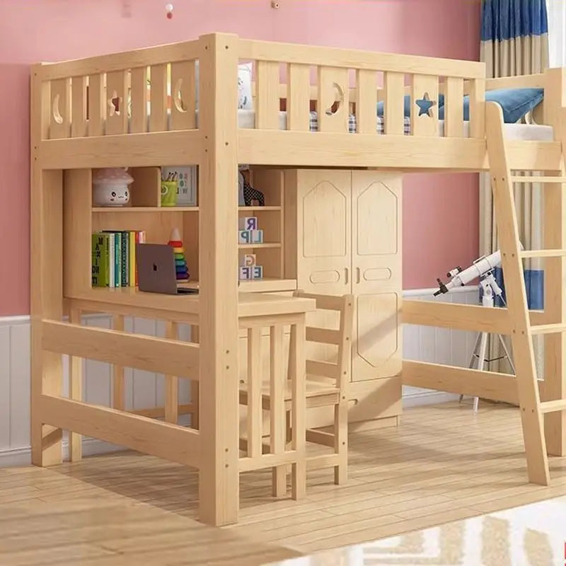 Solid wood bed Under table High and low bed Integrated combination wardrobe Multifunctional desk Learning overhead