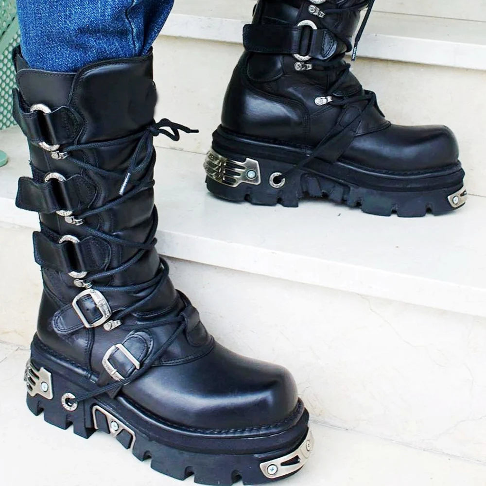 Men's Fashion Genuine Leather Motorcycle Boots Gothic Skull Punk Boots Design Rock Women Mid-calf Boots Metallic Combat Boot48