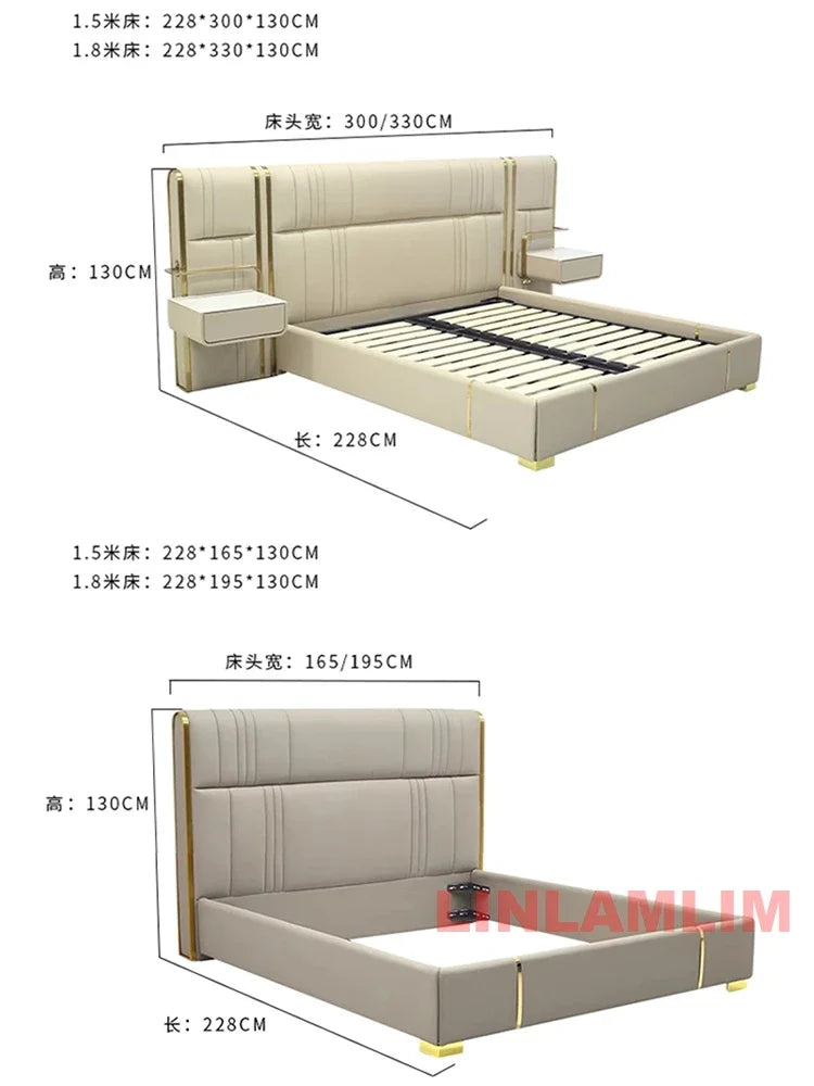 MINGDIBAO Luxury King / Queen Size Upholstered Bed Frame with Nightstands & Gold Accents, Modern Designer Genuine Leather Bed