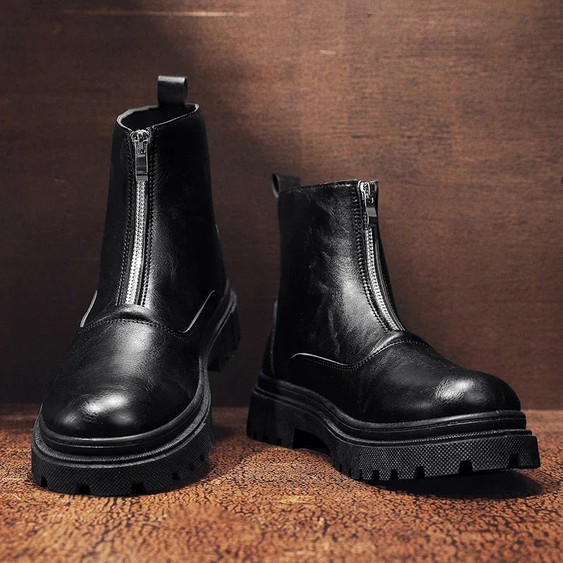Men's Winter Leather Boots High Tops Zippers Waterproof Big Round Toe Trendy All-match New Fashion Mans Tooling Boot Main Push