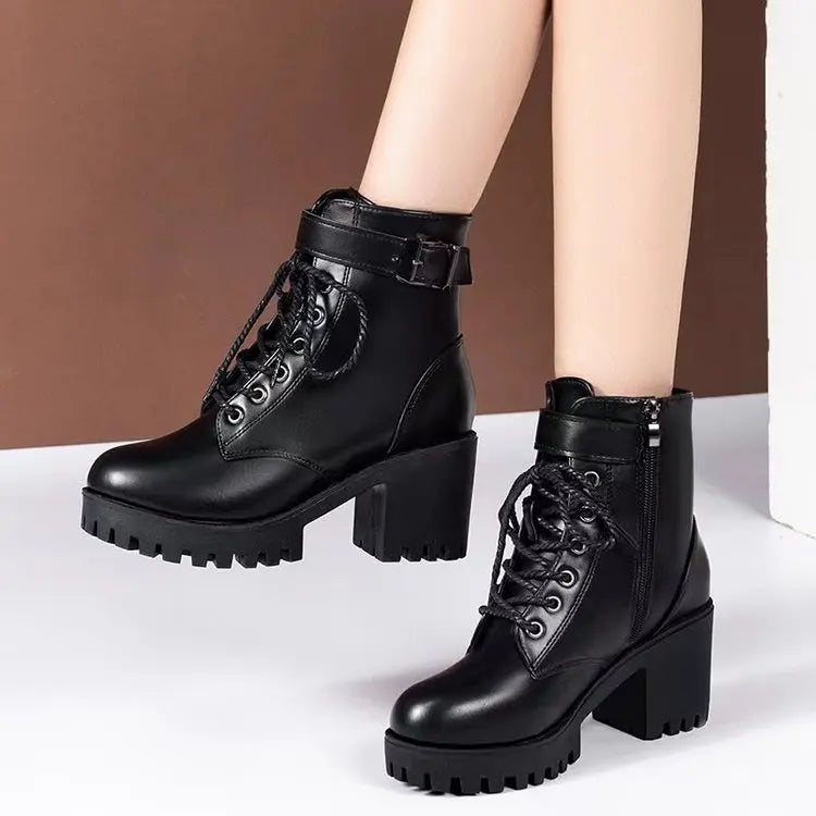 Winter Women's Boots 2024 New Lace Up Boots for Womens Fashion Thick Heel Side Zipper Ankle Boots Warm Female Motorcycle Shoes