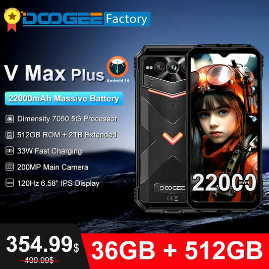 DOOGEE V Max Plus 5G Rugged Smartphone 36GB(16+20) 512GB 22000mAh 200MP Camera 6.58" 120Hz Android 14 Cellphone