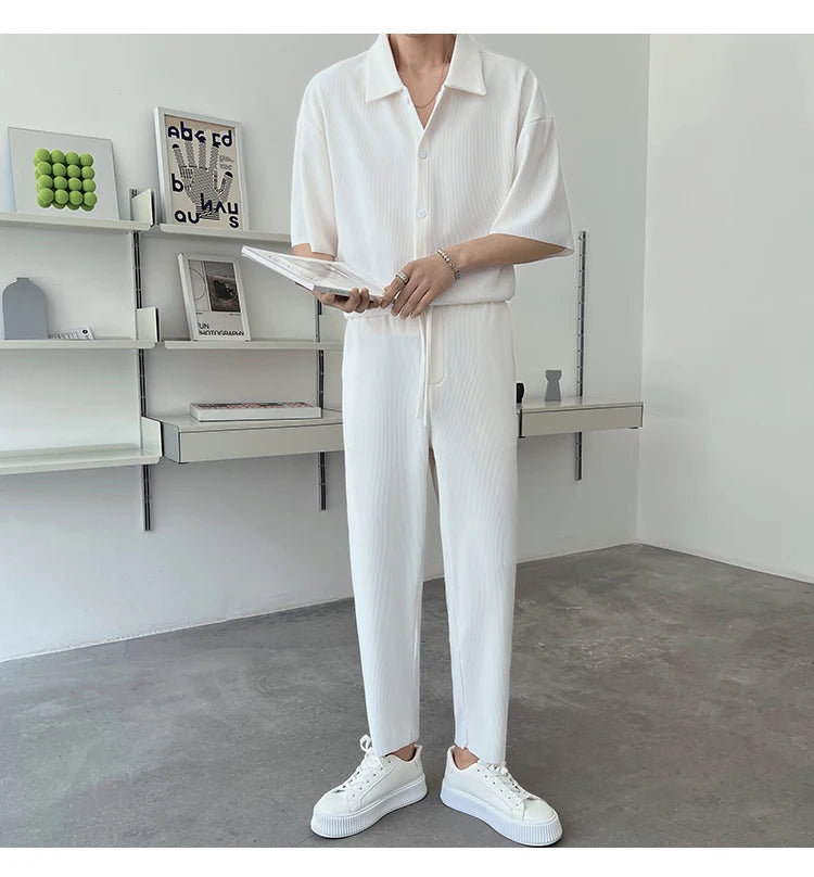 Summer Pleated Sets Men Fashion Black/White Casual Ice Silk Suit Men Korean Short-sleeved Shirt/Trousers Two-piece Mens Set