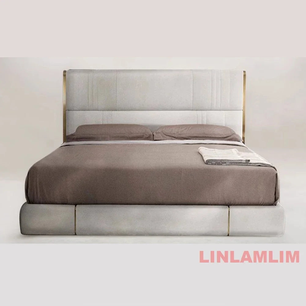 MINGDIBAO Luxury King / Queen Size Upholstered Bed Frame with Nightstands & Gold Accents, Modern Designer Genuine Leather Bed