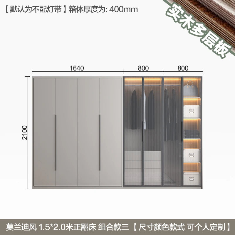 Whole house custom solid wood, forward rollover invisible bed, folding Murphy bed, bookcase, wardrobe, minimalist wall bed