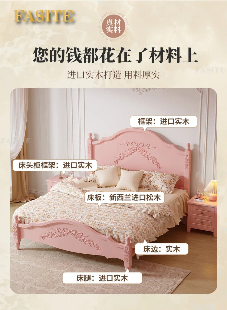 French Solid Wood Bed Pink Princess Bed Girl Bedroom 1.8 Meters 1.5m Double Retro European Carved Bed American