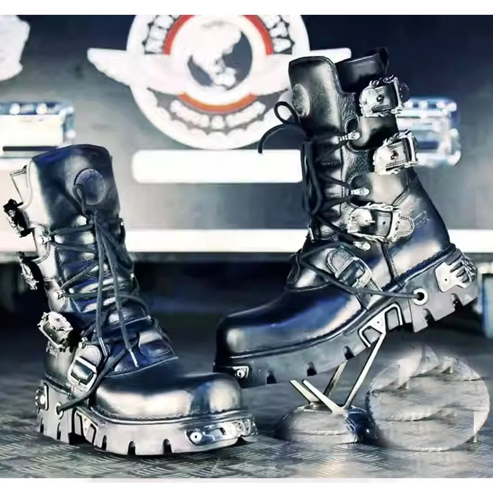 Men's Fashion Genuine Leather Motorcycle Boots Gothic Skull Punk Boots Design Rock Women Mid-calf Boots Metallic Combat Boot48