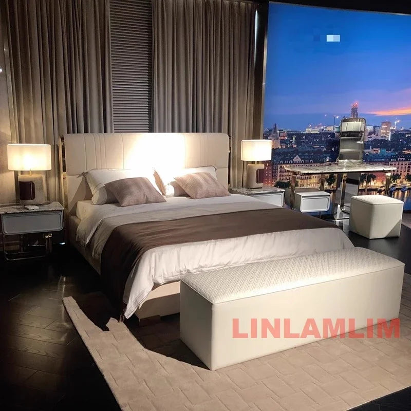 MINGDIBAO Luxury King / Queen Size Upholstered Bed Frame with Nightstands & Gold Accents, Modern Designer Genuine Leather Bed