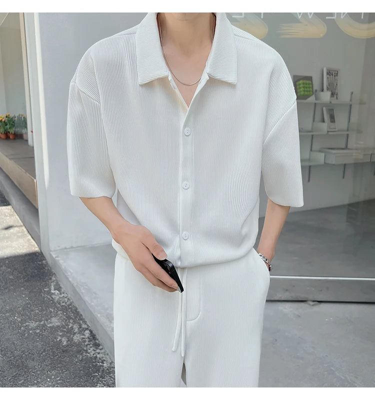 Summer Pleated Sets Men Fashion Black/White Casual Ice Silk Suit Men Korean Short-sleeved Shirt/Trousers Two-piece Mens Set