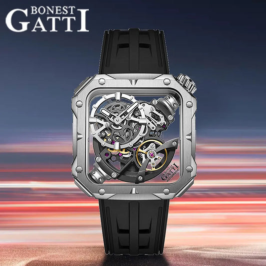BONEST GATTI Men Automatic Watch 42mm Square Men Mechanical Wristwatch Sapphire Luminous Skeleton Dial Fluororubber Strap 2025