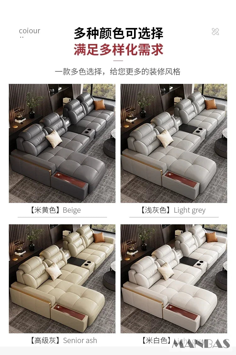 Linlamlim Modern Genuine Leather Sectional Sofa Set with Chaise Lounge– Upholstered Modular Couch with USB and Bluetooth Speaker