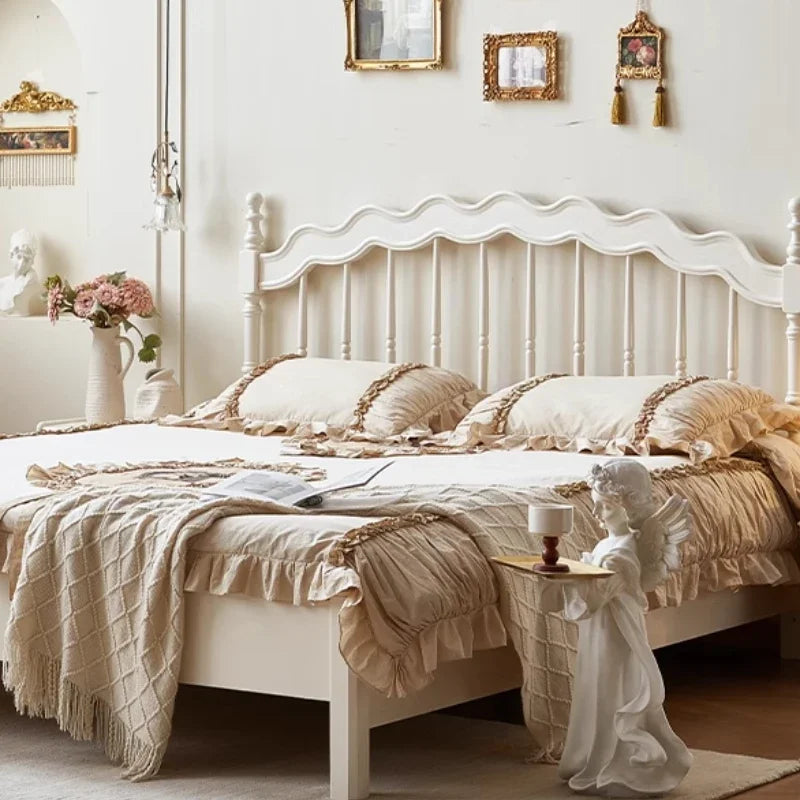 French Solid Wood Bed White Cream Wind Princess Fashion Design Bed Aesthetics Square Modern Sleeping Muebles Lounge Furniture